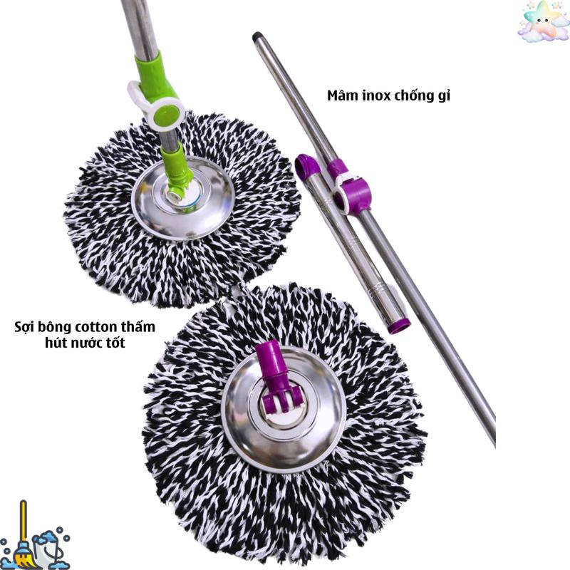 Cây lau nhà 360 độ, cán nhựa/ cán inox, cây lau thay thế cho bộ cây lau nhà thông minh xoay 360 độ,  Lau Sàn nhựa vn, không có xô. bông coton chất thấm nước vat  dung gia dinh chổi  lau bệnh viện Làm Sạch cây  lau nhựa không có xô