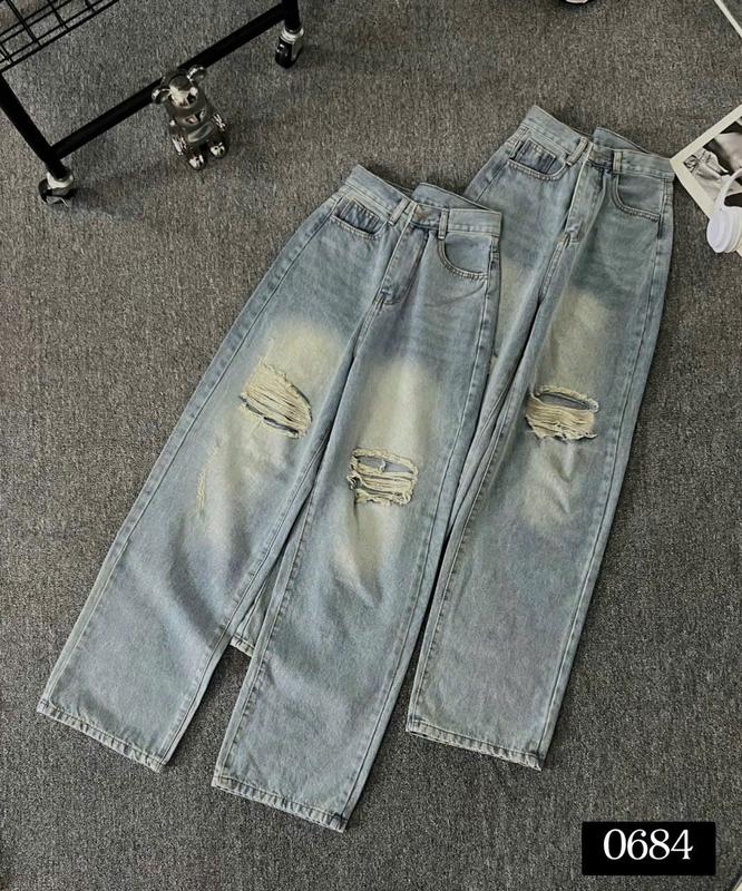  Quần baggy Jean nữ ống rộng lưng cao rách gối - Quần jean nữ ống suông rách kiểu màu xanh nhạt TH6084 