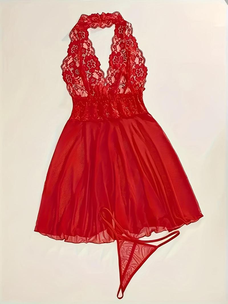 Product Introduction of Women's Contrast Lace Nightdress & Thong Sexy Sleepwear Two-piece Set, Sexy Comfy Nighty Dress & Panty Set, Women's Sleepwear for All Seasons, Slip Nightdress 2