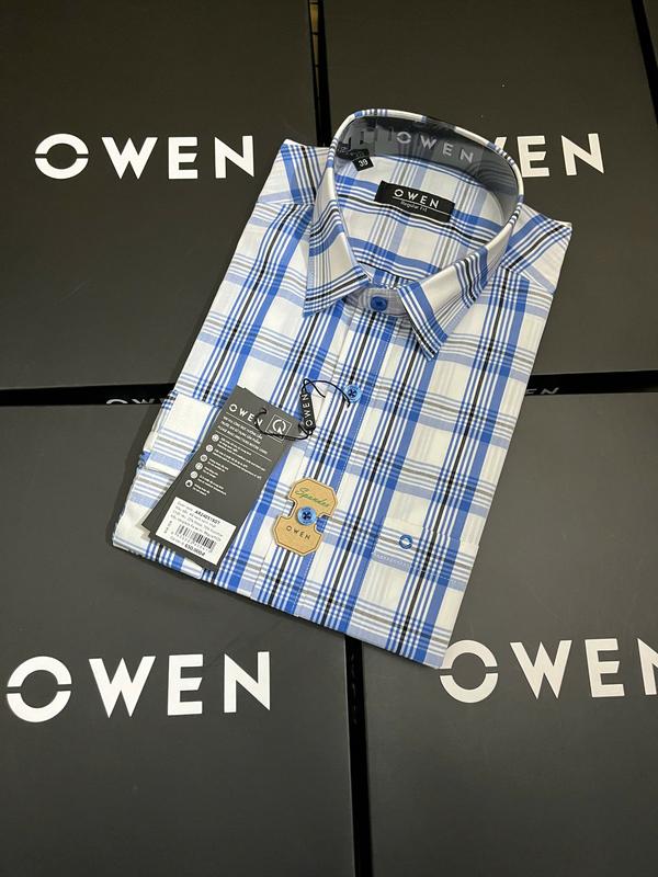 Áo sơ mi dài tay OWEN công sở màu xanh trắng ghi kẻ caro regular fit có túi sợi tre cao cấp Nam Menswear