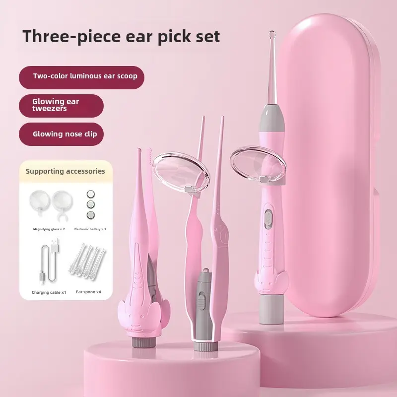 3Pcs Luminous Ear Wax Ear Spoon Set Removal Cleaning Tweezers LED Light Earpick Nose Clip Children Adults Ear Care Ear Cleaning Tools Kit