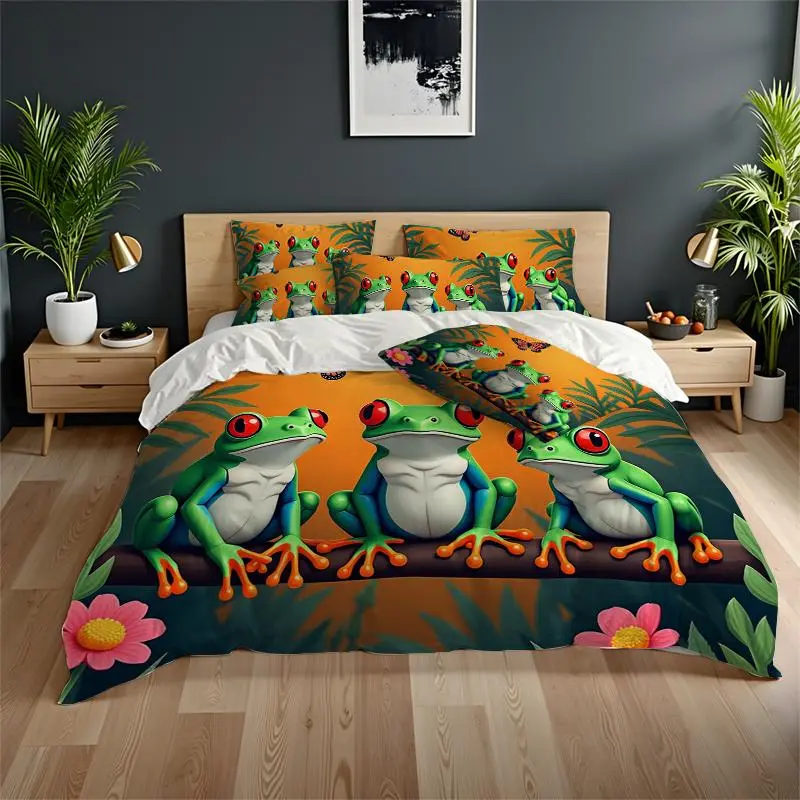 Frog Pattern Bedding Set, 1 Set Including 1 Duvet Cover & 2 Counts Pillowcase without Filler, Soft Comfortable Bedding Set for Home Bedroom 0