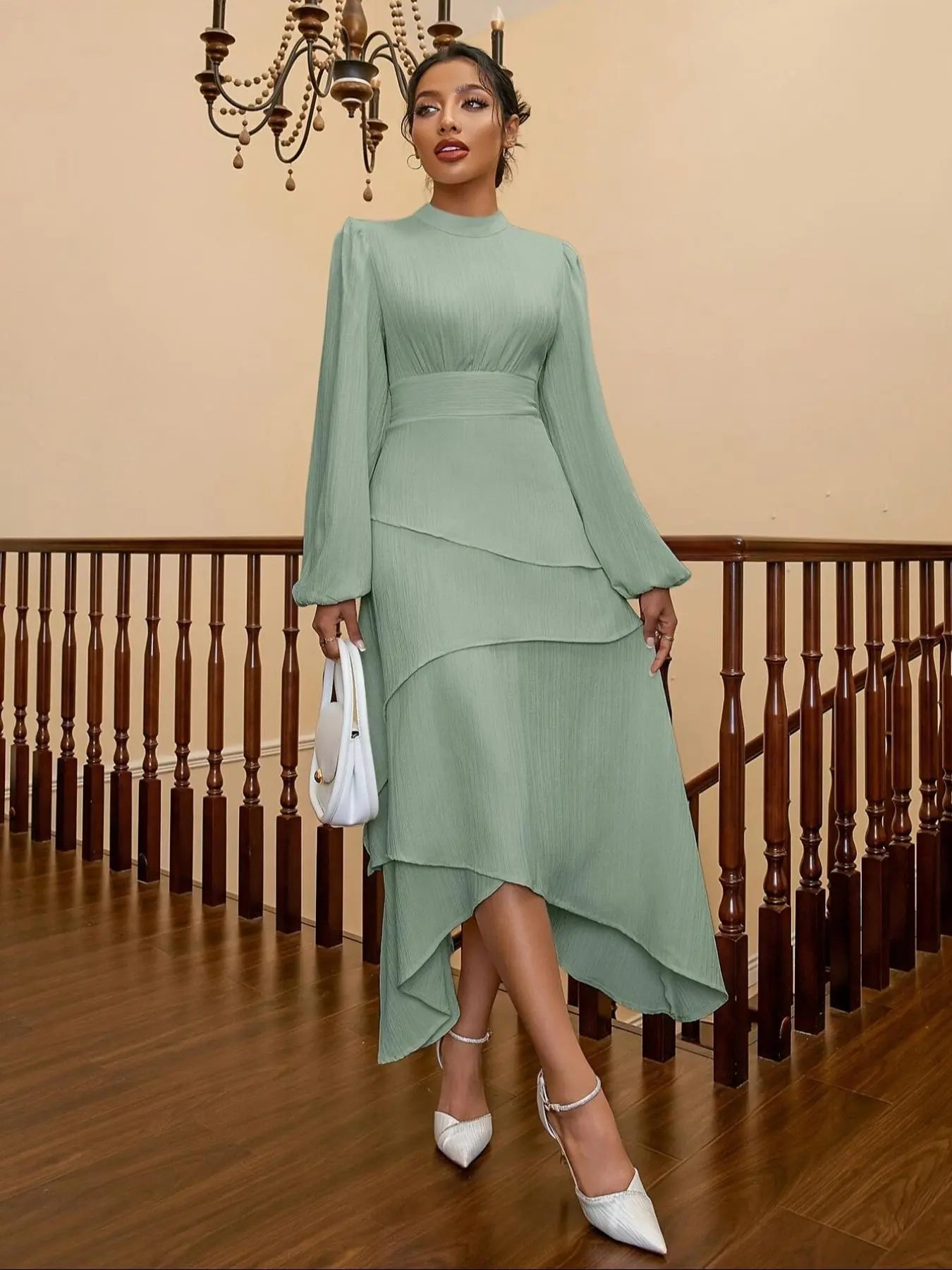 Women's Plain Bishop Sleeve A Line Dress, Elegant Keyhole Neckline Tiered Layer Midi Dress for Spring & Fall, Women's Clothing for Daily Wear