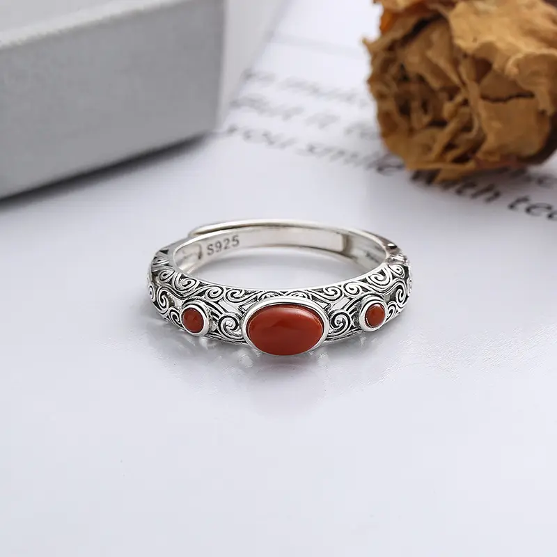 Chaosheng S925 Sterling Silver Auspicious Clouds Ruyi Hollow Inlaid With Southern Red Agate Ring Retro Literary And Ethnic Style Ring 1