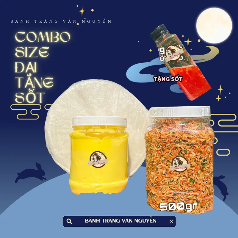 Combo SIZE ĐẠI TẶNG SỐT, TẶNG QUÀ bánh tráng phơi sương 500gr, muối tép hành phi 500gr, bơ 500gr. Bánh tráng Vân Nguyễn Gia Vị 1
