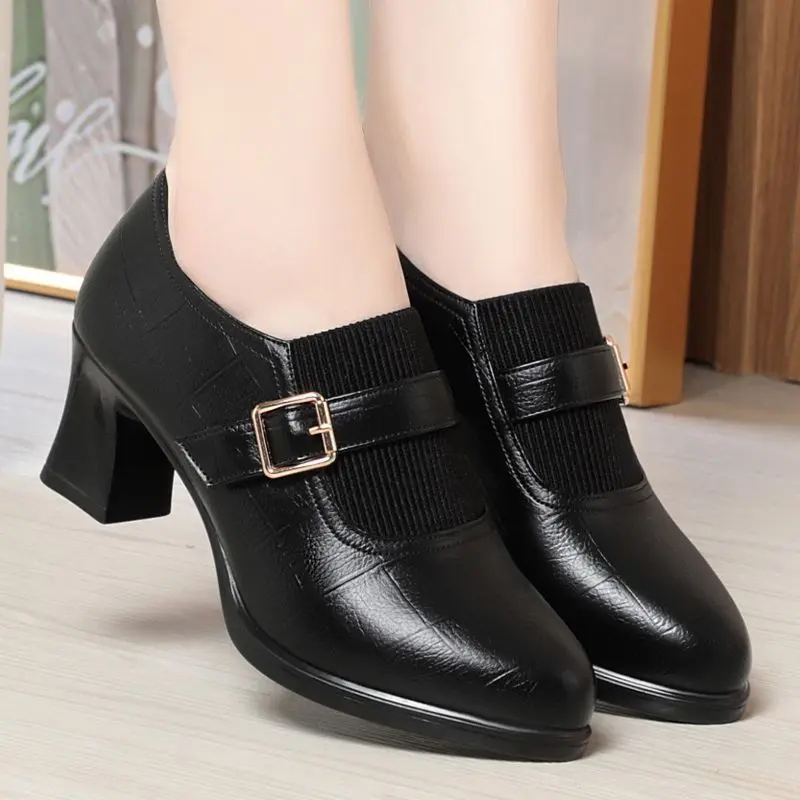 Giày Cao Gót, Da Mềm, Gót Chunky Thanh Lịch, Dành Cho Nữ, Hàng Mới Về 2024, Giày Cao Gót Cắt Sâu Thoải Mái, Thích Hợp Cho Giày Của Mẹ, Giày Da Mùa Lò Xo Và Mùa Thu