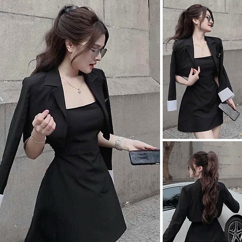 Set váy hai dây mini đen sang chảnh mix áo khoác vest croptop thời trang tiểu thư thanh lịch xinh xắn dự tiệc Nữ Cotton