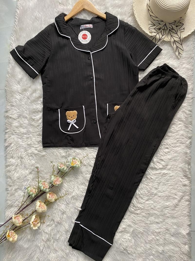 Product Introduction of Bộ Ngủ Đồ Bộ Pyjama Cổ Vets Quần Dài Aó Hai Túi Gấu Vải Đũi Gân Mềm Nhẹ Nhung Voi Nữ Women 5