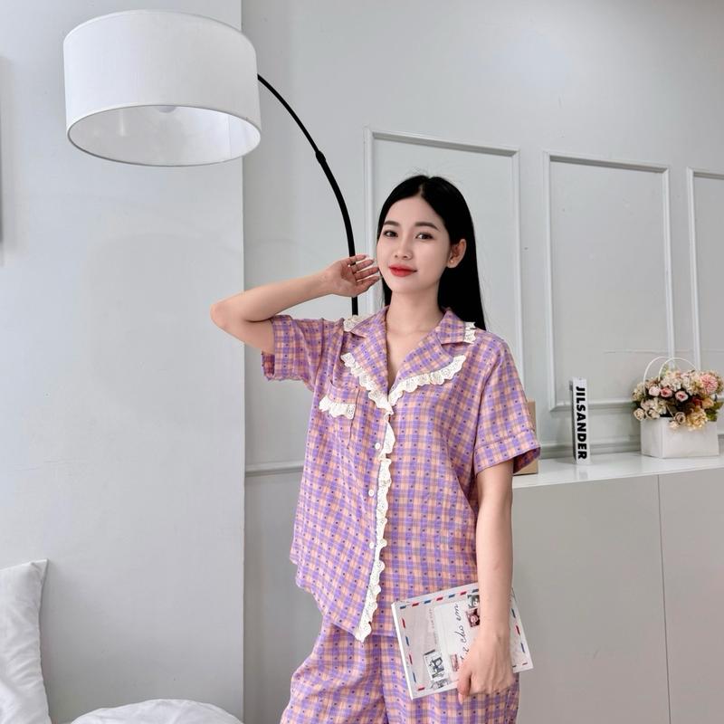 Bộ mặc nhà nữ caro tím tay ngắn Ms 2666 3