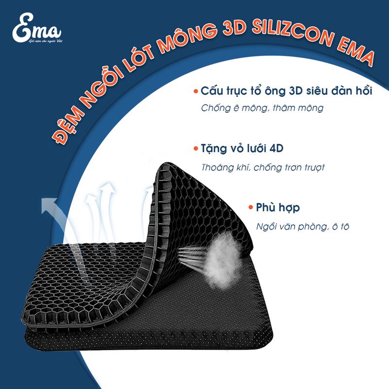 Đệm Lót Ghế 3D SILICON Cao Cấp EMA Cấu Trúc Tổ Ong Phân Tán Lực Thoáng Khi - Hỗ Trợ Giảm Áp Lực Lên Mông, Giảm Đau Mông, Ê Mông - Có Khóa Dễ Giặt Phù Hợp Ghế Văn Phòng Ô Tô