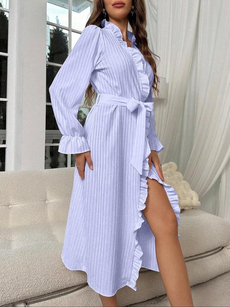 Product Introduction of Women's Solid Color Ruffle Trim Belted Lounge Robe, Casual Long Sleeve Open Front Robe for Women, Ladies Sleepwear for All Seasons 7