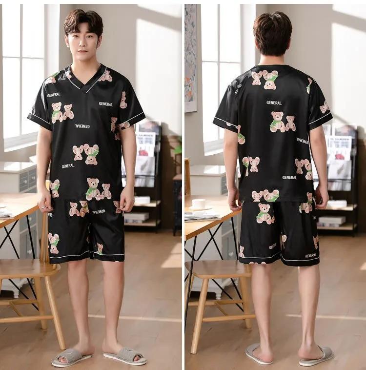 Product Introduction of Men's Pajamas Summer Fashion V-Neck Thin Ice Silk Short-Sleeved Shorts Nightie Two Piece 2024 New Boys Casual Sleepwear Nightie 27