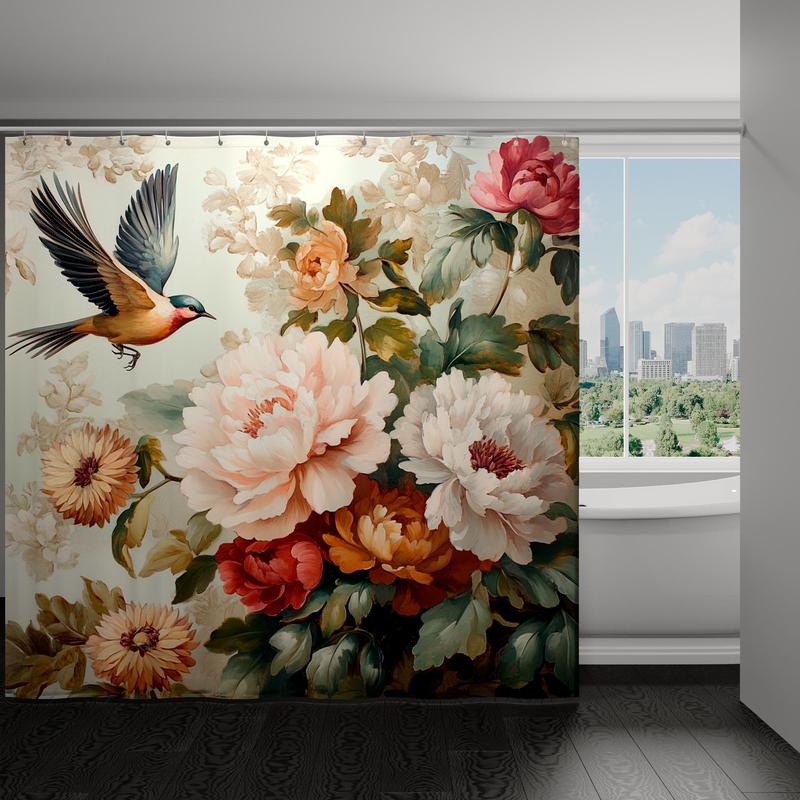 Product Introduction of Floral Pattern Bathroom Curtain Set, 1 Count Shower Curtain Or 1 Set Including Shower Curtain & U-shaped Mat & Toilet Lid Cover & Bath Mat, Bathroom Decor Supplies 2
