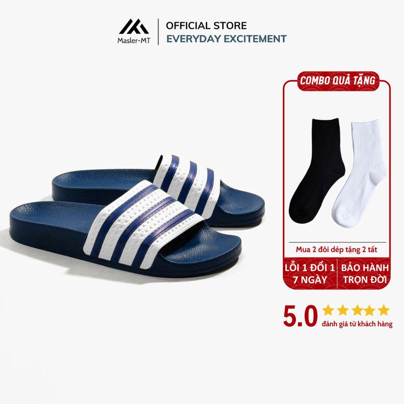 Dép Quai Ngang Nam Nữ M Masler MT Kiểu Dáng 3 Sọc Navy Trắng Chất Liệu Đế Cao Cấp Chống Trượt NV1