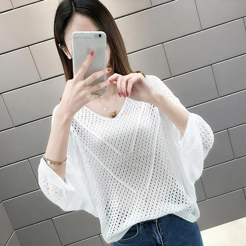 Áo Dệt Kim Nữ Mùa Hè, Cỡ Lớn, Cổ Chữ V Khoét Lỗ
