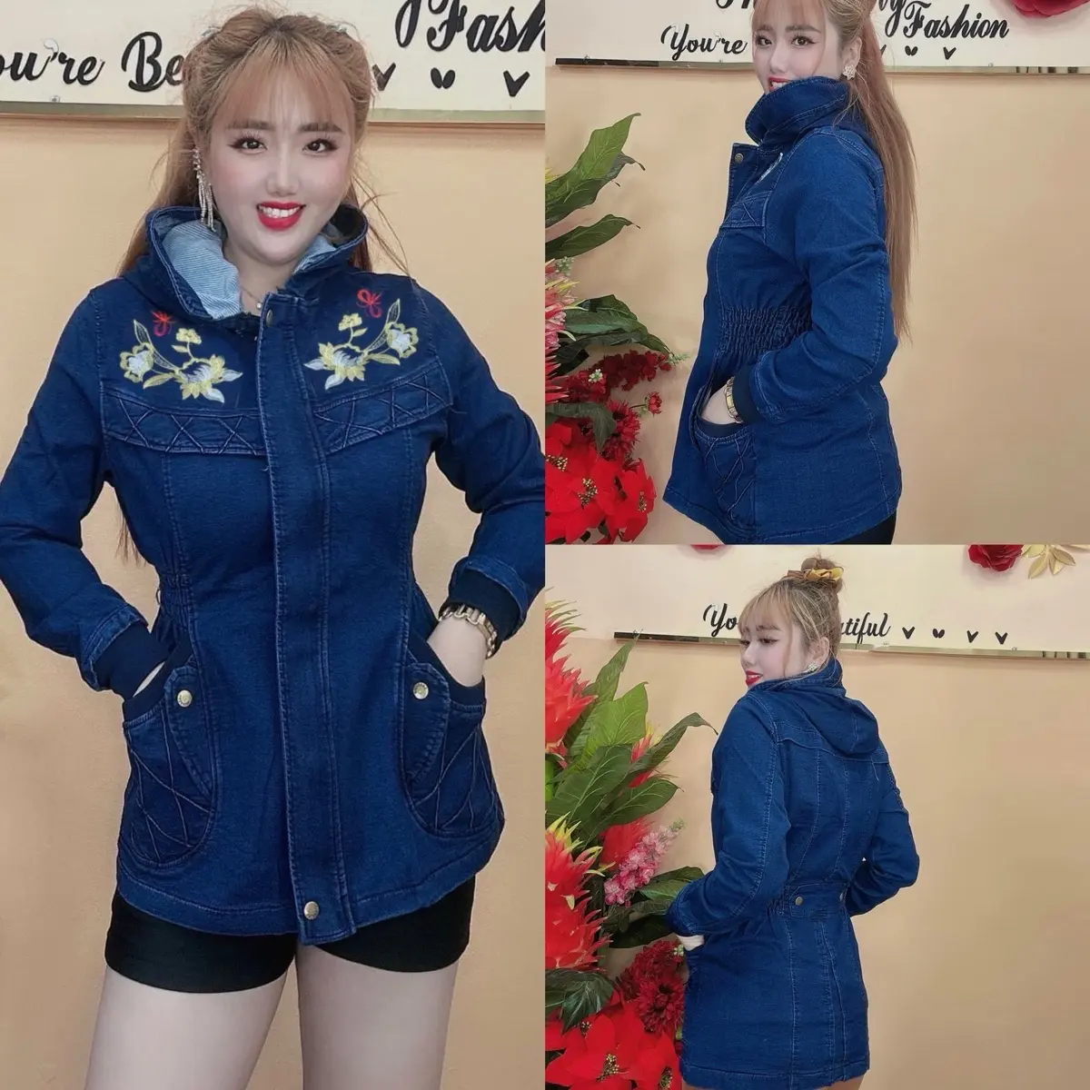 ÁO KHOÁC JEAN MANGTO DÁNG DÀI VẢI CO GIÃN NÓN TO CÓ TÚI TRONG Kem Nhung Top Jacket Kaki