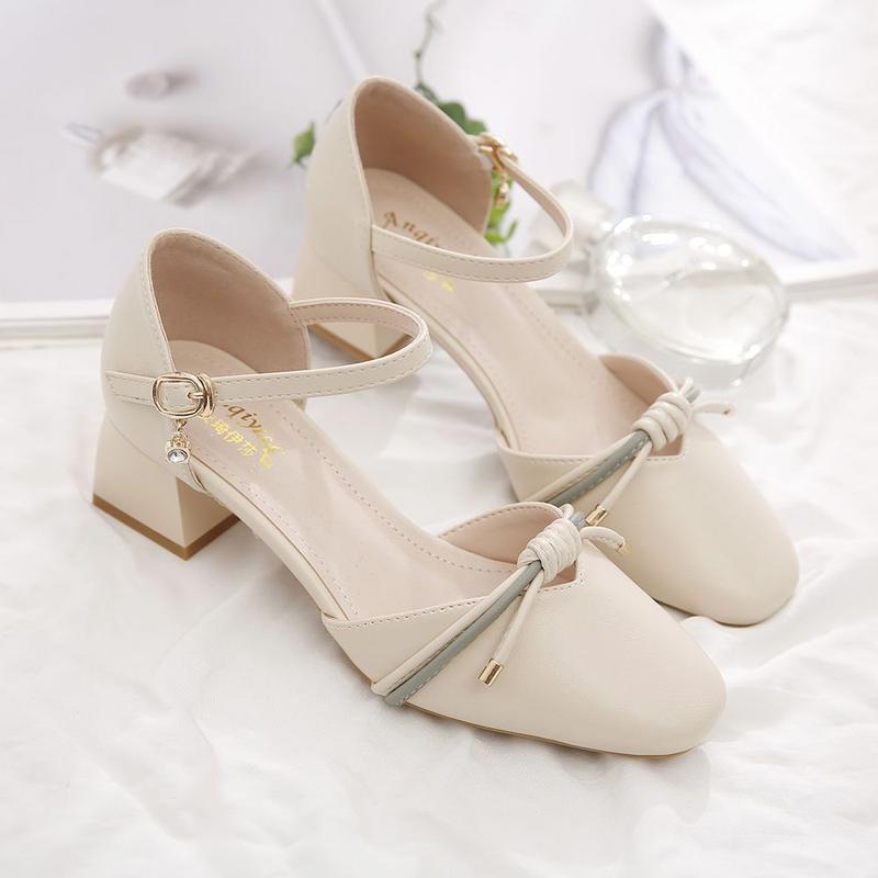 Toe Box Shoes Women's High Heels Mid Heel Summer Chunky Heel Square Toe Hollowed Sandals Buckle All-Match Shallow Mouth Low Heel Shoes 2