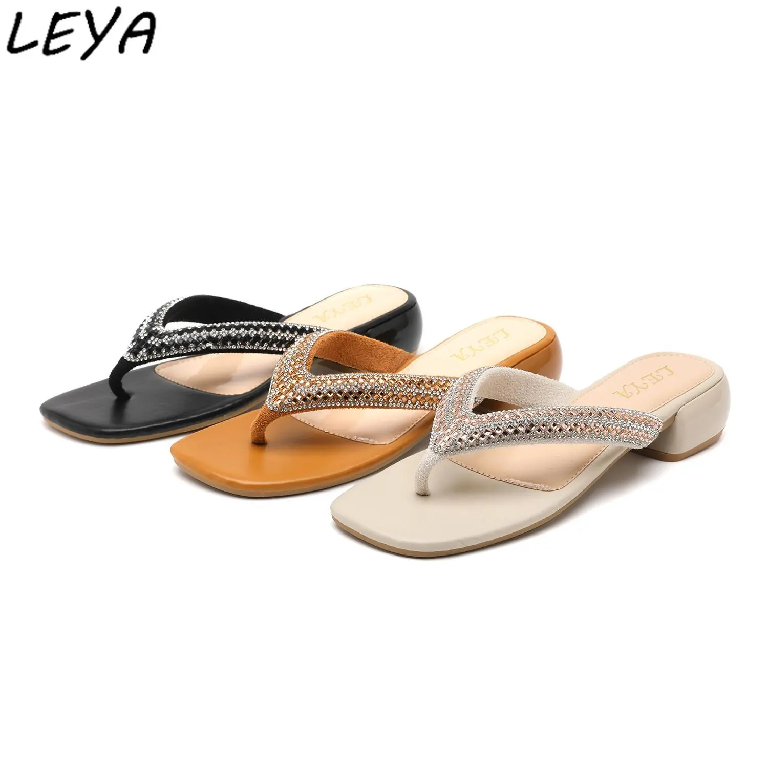 Leya Flip-flops female summer outside wear new fashion all diamonds flat non-slip beach flip-flops Mid Heel (3-5 cm) Toe Thong Footwear Girl  Medium Slippers Walking Shoes Women