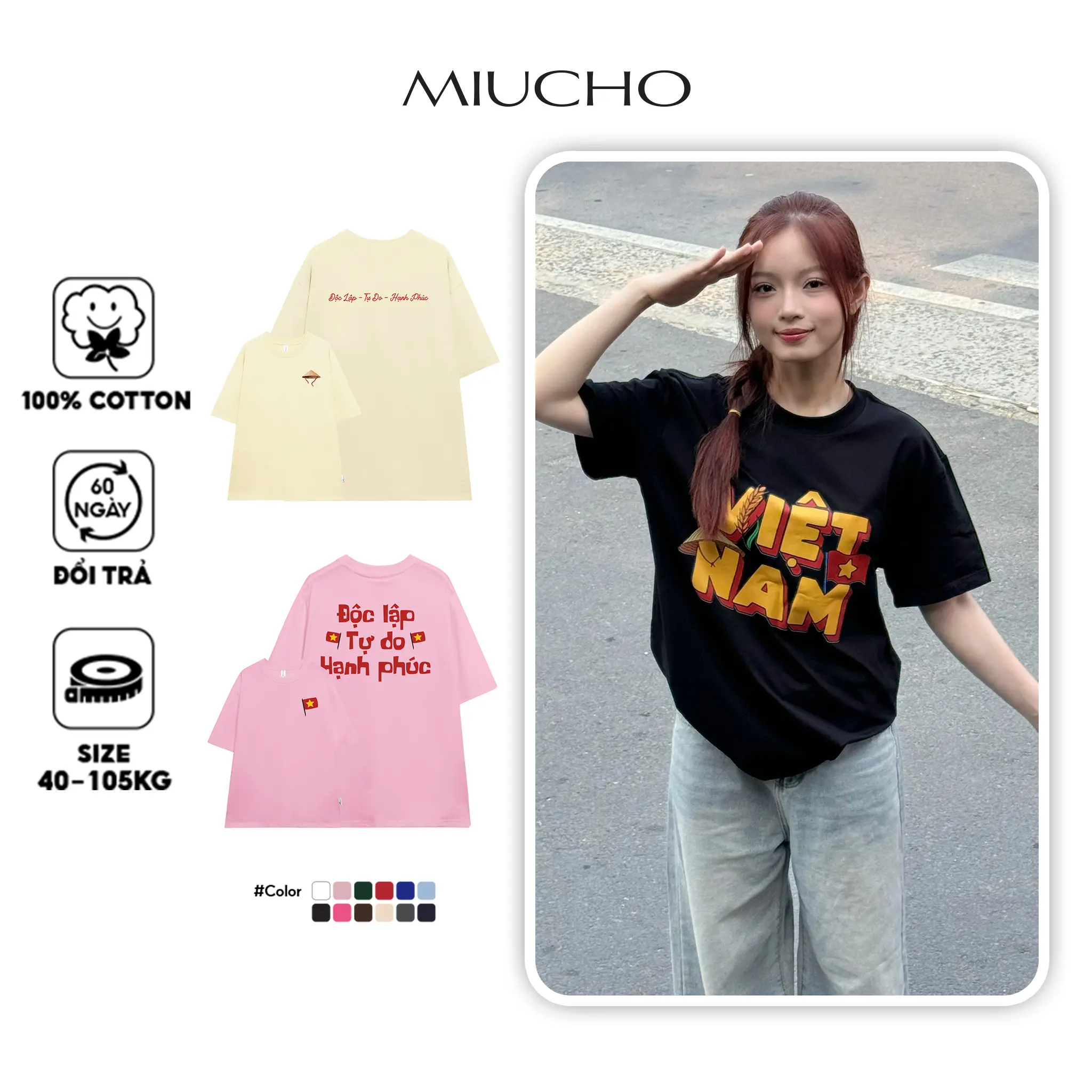 Áo thun nam nữ form rộng Việt Nam tôi yêu Miucho BST cổ tròn vải cotton 4c 220gsm thoáng mát in mix