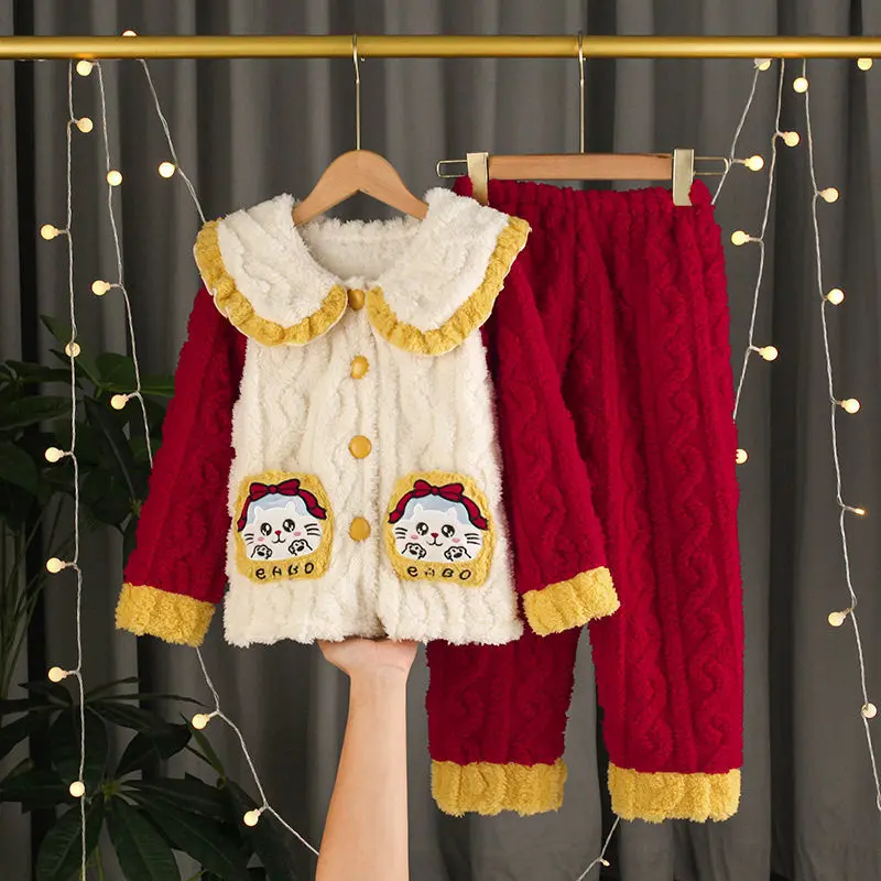 Đồ Ngủ Mùa Đông Cho Trẻ Em, Lông Cừu San Hô, Vừa Và Lớn, Vải Flanen Dày, Phong Cách Công Chúa Dễ Thương, Bộ Đồ Dài Tay, Đồ Mặc Nhà 2