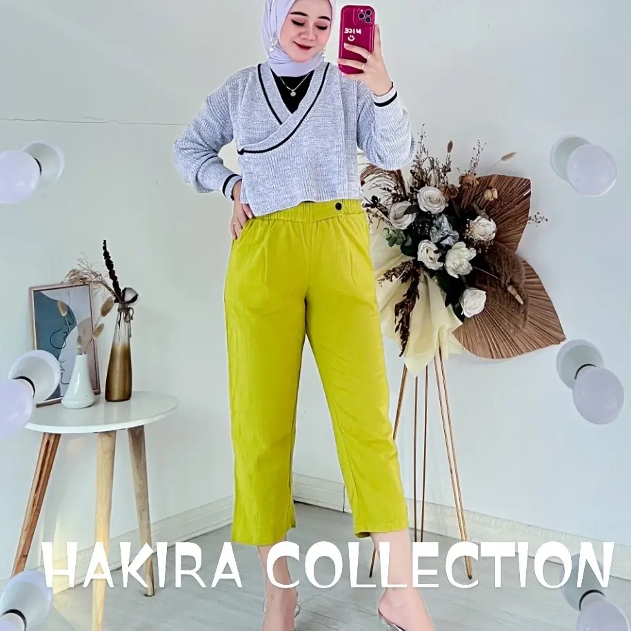 Celana Hakira Sika Model Kancing 7/9 dengan Bahan Rami Krinkel Premium - Kantong, Santai, Basic, Variasi, Panjang, Kulot, Karet, Wanita, Nyaman