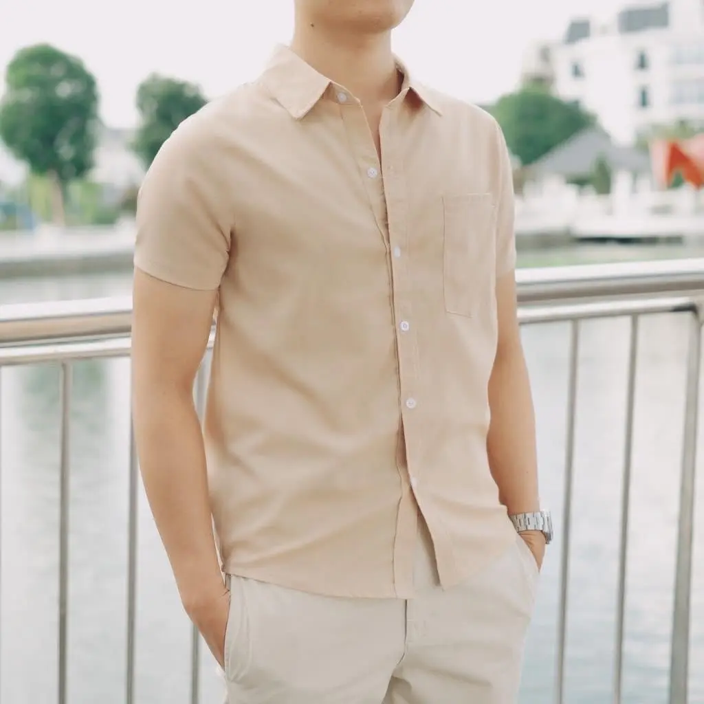 Áo sơ mi nam cộc tay vải đũi cổ bẻ full cúc Menswear áo  sơ