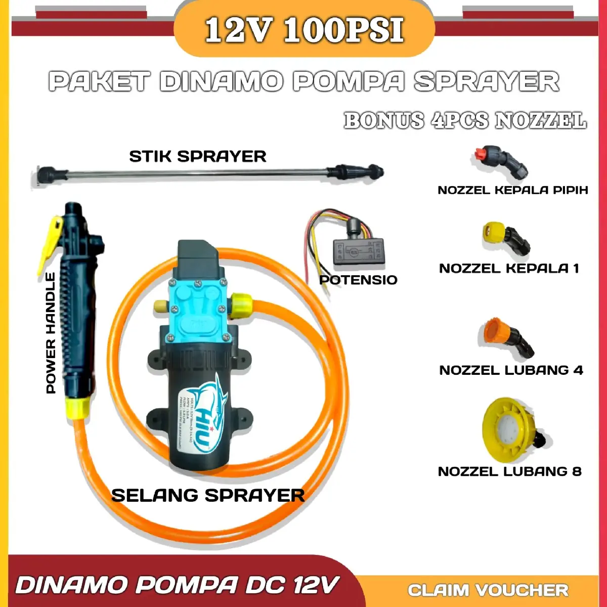 PAKET DINAMO SPRAYER ELEKTRIK/POTENSIO/NOZZEL/SELANG SPRAYER/ALAT SPRAYER PERTANIAN HIU 100PSI