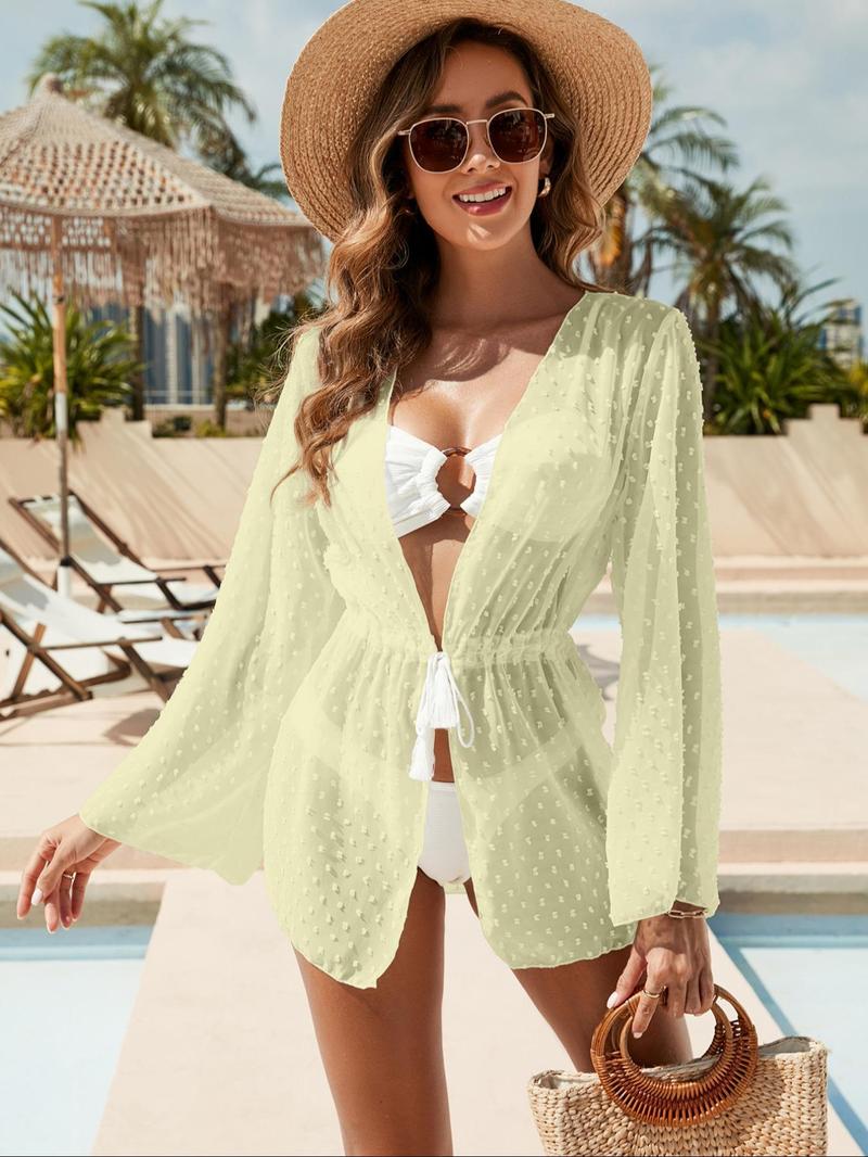 Product Introduction of Women's Solid Color Tie Front Chiffon Cover Up, Casual Sexy Sheer Cover Up for Beach Holiday Vacation, Ladies Swimwear for All Seasons, Clothing 5