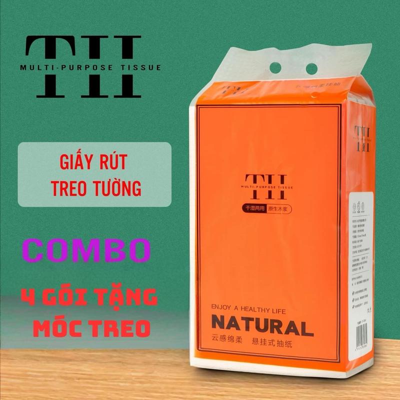 Thùng 4 Túi Giấy Ăn Treo Tường Natural tặng móc, Giấy Rút Treo Tường 4 Lớp Bằng Bột Gỗ Nguyên Sinh Hàng Nội Địa Trung Khăn Giấy Giấy Vệ Sinh