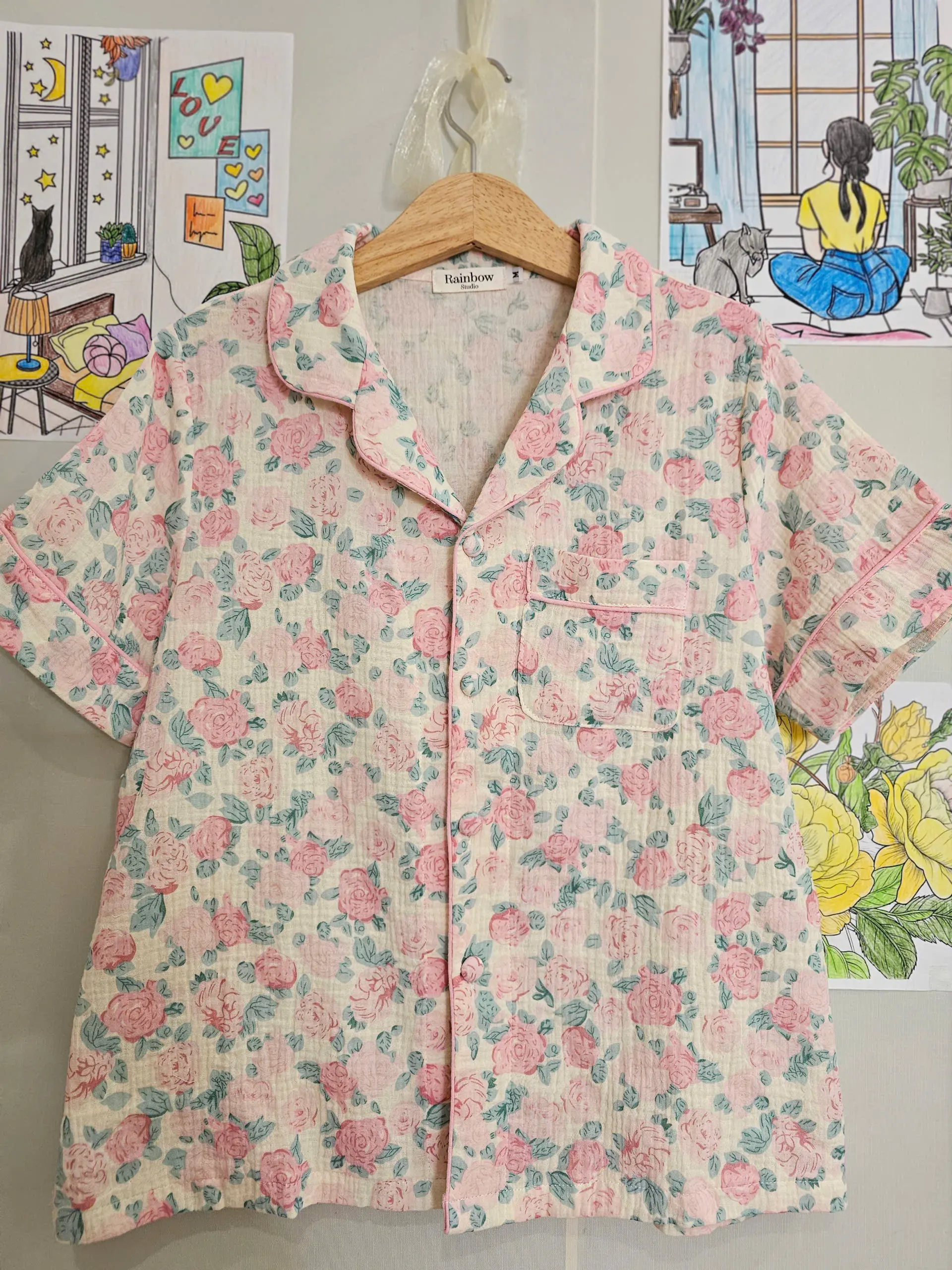 Pijama tay ngắn quần ngắn xô muslin Rainbow Studio