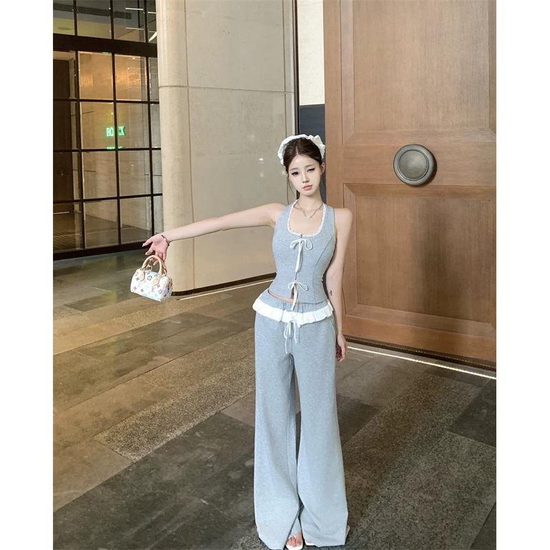 Set áo yếm cột nơ ᵰgực phối quần dài ống rộng lưng bèo TABISHOP Set đồ nữ sang chảnh tôn dáng 181