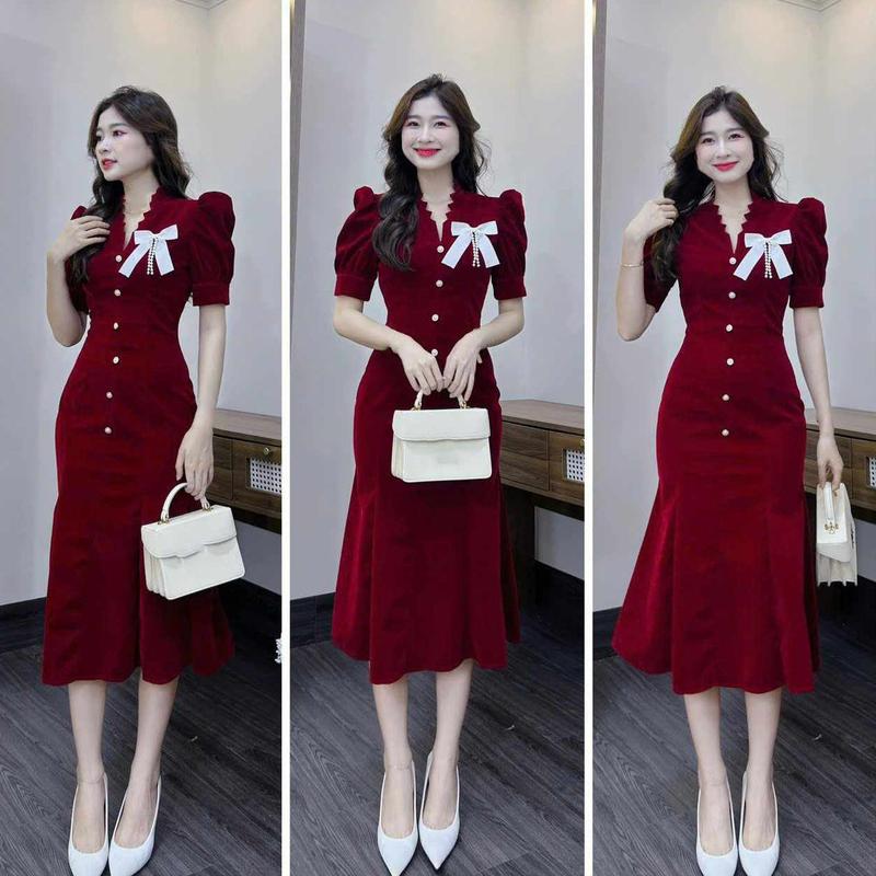 Đầm Váy Nữ Nhung Đính Nơ Cổ V Cài Nút Đuôi Cá Cho Các Nàng Đi Chơi Đi Dự Tiệc Cùng Với Hội Bạn Bè Kiểu Dáng Sang Trọng Dự Tiệc Women Top Dress