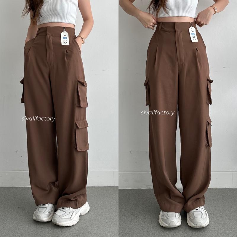 SIVALI Bonnie Cargo Pants - Highwaist Loose Cargo - Celana Kargo Wanita - Baggy Pants Panjang Polyester Kulot Casual Hitam Kantor Kantor Formal Kerja Kerja Kerja Basic Karet 8