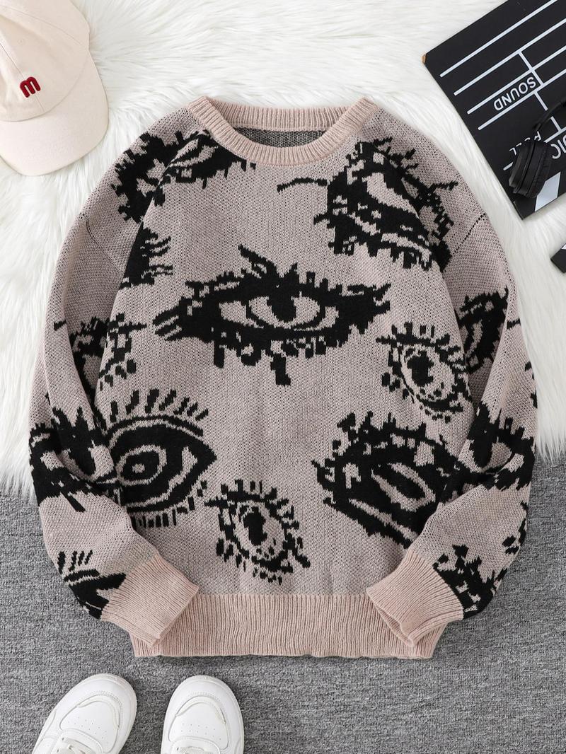 Product Introduction of Men's All Over Eye Print Drop Shoulder Sweater, Regular Fit Casual Long Sleeve Round Neck Jumper for Fall & Winter, Fashion Men's Knitwear for Daily Wear 4