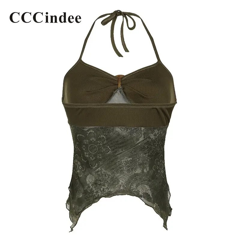 CCCindee Women's 2024 Retro Metal Buckle Pleated Neck Halter Green Sling Vest