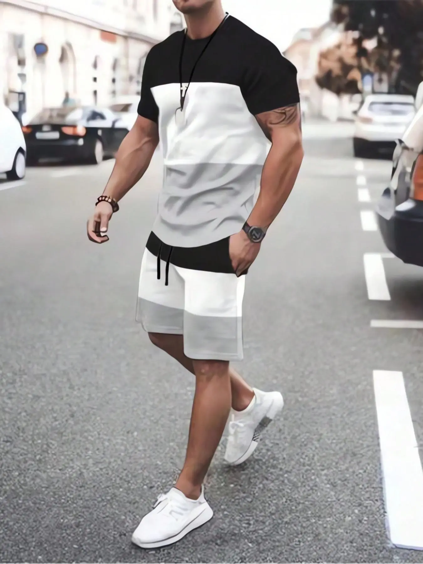 Men's Colorblock Short Sleeve Tee & Drawstring Waist Shorts Two-Piece Set, Casual Round Neck T-shirt & Shorts, Summer Outfits Clothes Set for Men