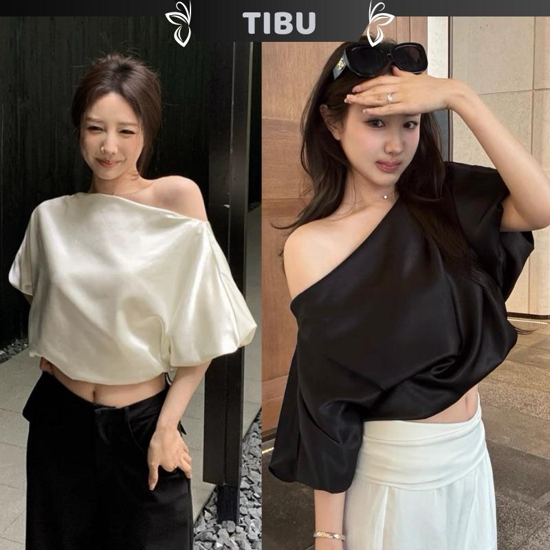 Áo Kiểu Nữ Lệch Vai Tay Bồng TIBU Áo Croptop Lụa Nữ Dễ Thương Jennie Đi Chơi Dạo Phố A482