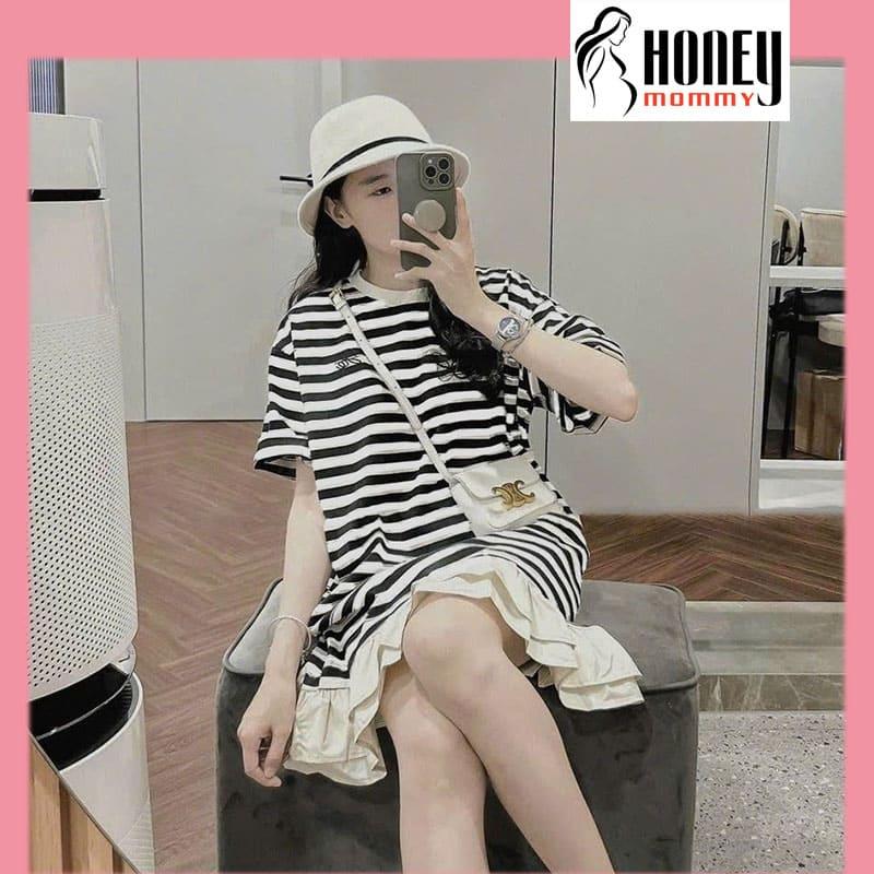 Váy Bầu Dáng Suông Phối Chân Voan Sọc Kẻ Xinh Xắn Đầm Bầu Nữ Công Sở Đi Chơi Trẻ Trung HD2789 Honey Mommy Women Dress