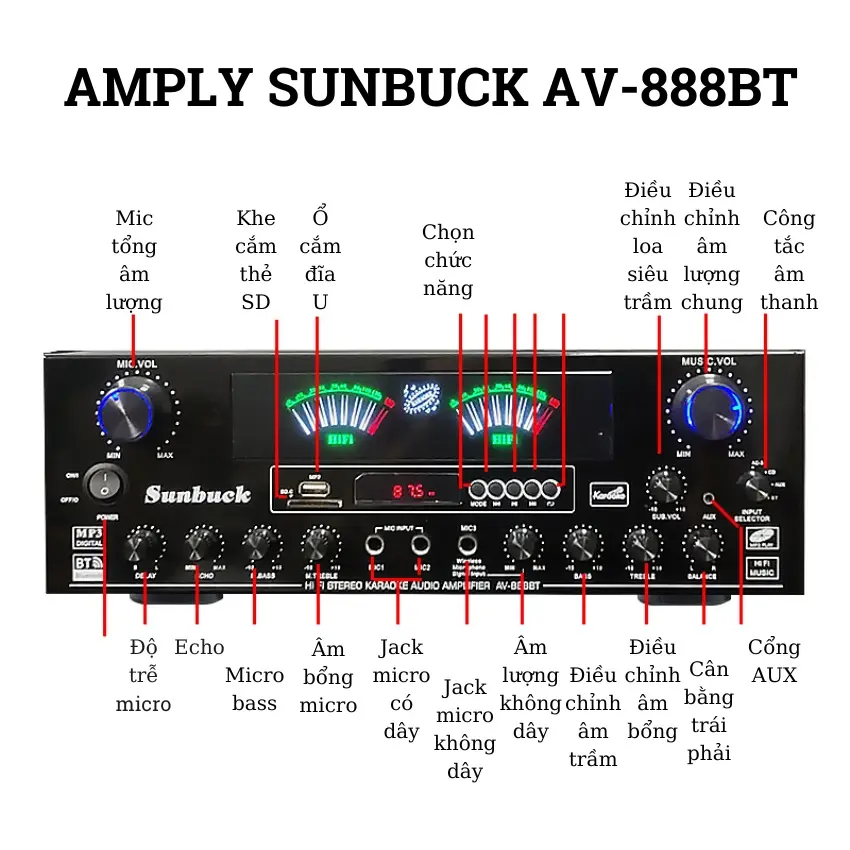 âm ly karaoke amply sunbuck AV 888BT .am ly karaoke bluetooth gia đình công suất lớn, âm thanh đỉnh, CÓ CỔNG RIÊNG SUB HƠI, thay thế âm ly 5,1