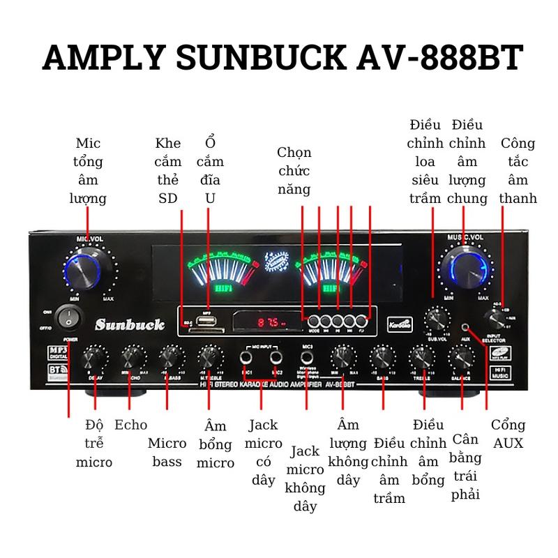 âm ly karaoke amply sunbuck AV 888BT .am ly karaoke bluetooth gia đình công suất lớn âm thanh đỉnh CÓ CỔNG RIÊNG SUB HƠI thay thế âm ly 5,1