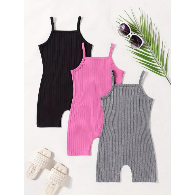 Summer Solid Color 3pcs Ribbed Cami Jumpsuit Set - Perfect for Outdoor Gift 5