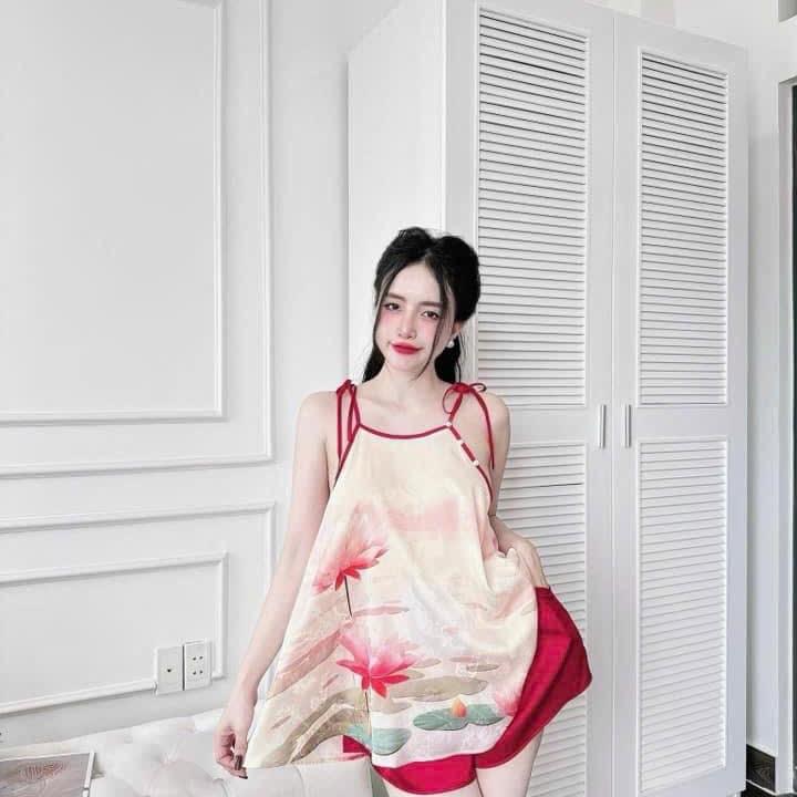Sét bộ yếm hoạ tiết chất lụa gấm áo+quần có túi women form 40-60kg 3
