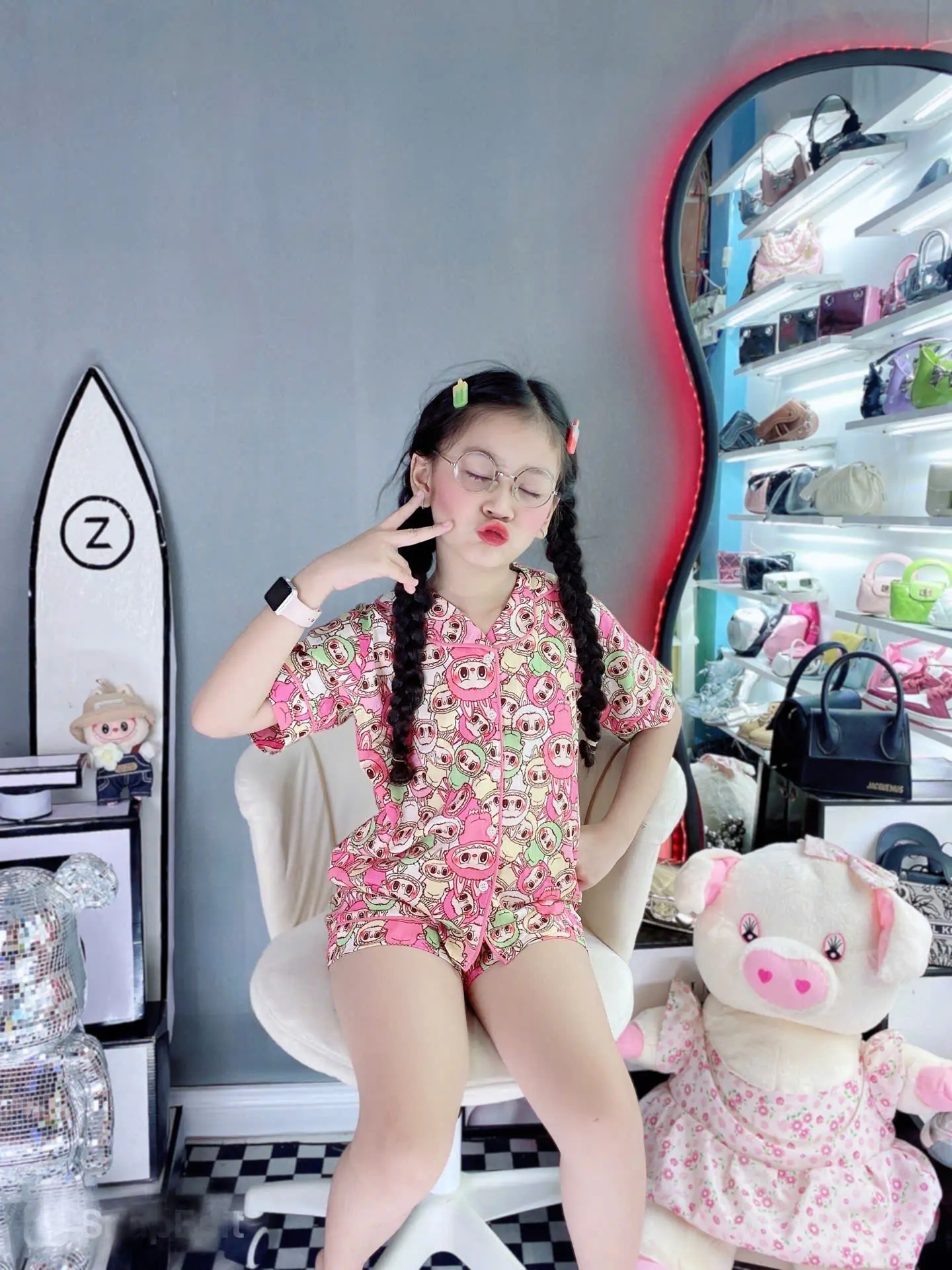 Thời trang Cendy Bộ pizama Labubu đùi chất đũi sọc cho bé gái (10-42kg)