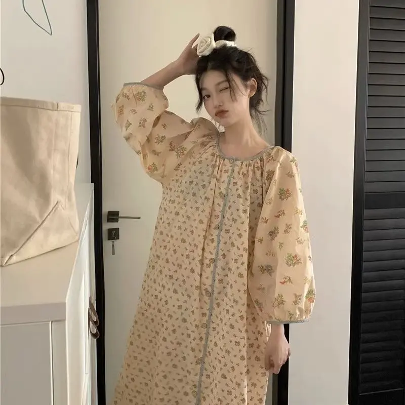 Đồ Ngủ Nữ, Phong Cách Hàn Quốc, Bộ Sưu Tập Mùa Thu, In Hình Ngọt Ngào Với Màu Tương Phản, Ren Dáng Rộng Rãi Và Thoải Mái, Thích Hợp Mặc Ngoài Trời Và Mặc Nhà, Váy Phù Hợp Với, Tuyệt Vời Làm Quà Tặng
