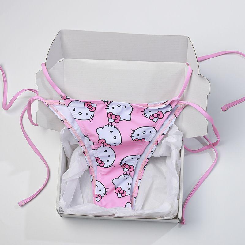 Áo Tắm Bikini, Kitty Cô Gái Dễ Thương, Phong Cách Tam Giác, Màu Hồng, Có Đệm Ngực Có Thể Tháo Rời Thích Hợp Cho Kỳ Nghỉ Bãi Biển, Đồ Bơi 4
