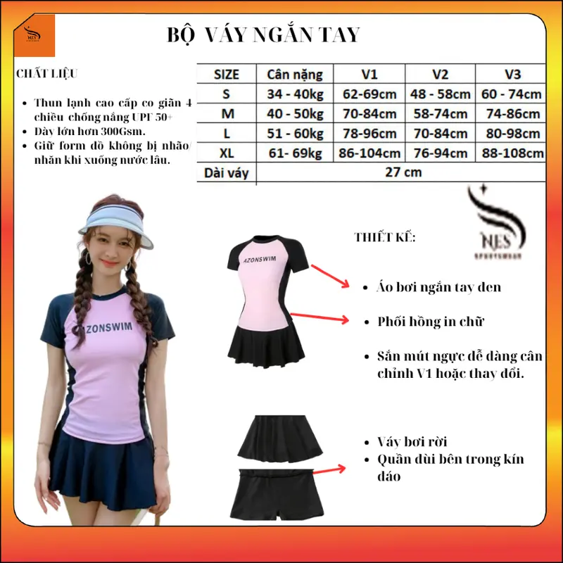 NES Bikini Bộ váy bơi 2 mảnh áo phối hồng in chữ ngắn tay, chân váy có quần short bảo hộ bên trong kín đáoTNS 071 - chất liệu thun 4 chiều, co giãn cao, kháng khuẩn, UPF 50+ 3