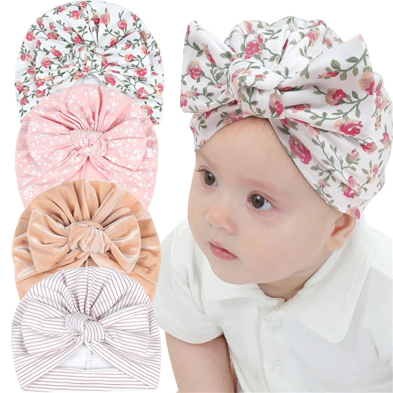 Cute Turban Hat Cap Beanie Bonnet with Big Bowknot Hospital Baby Hats Knot Headwraps Turbans for Newborn Baby Toddlers Infants