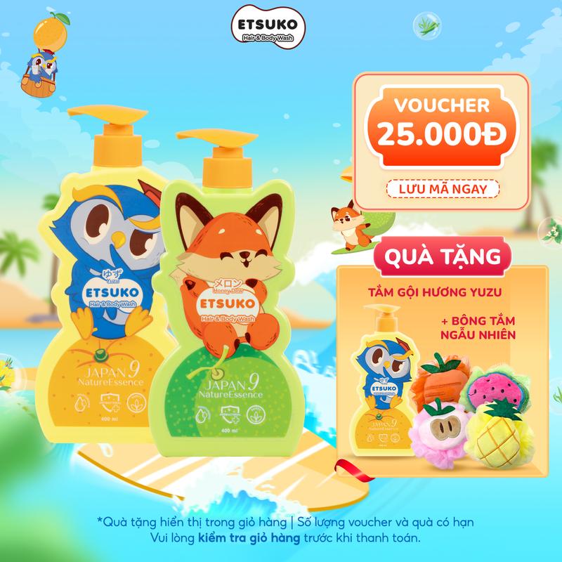 Combo Tươi Mát Sữa Tắm Gội Cho Bé Hương Dưa Lưới + Yuzu Quýt Nhật ETSUKO An Toàn Lành Tính, Hương Thơm Dịu Nhẹ 400ml Dành Cho Bé Từ 2 Tuổi Trở Lên