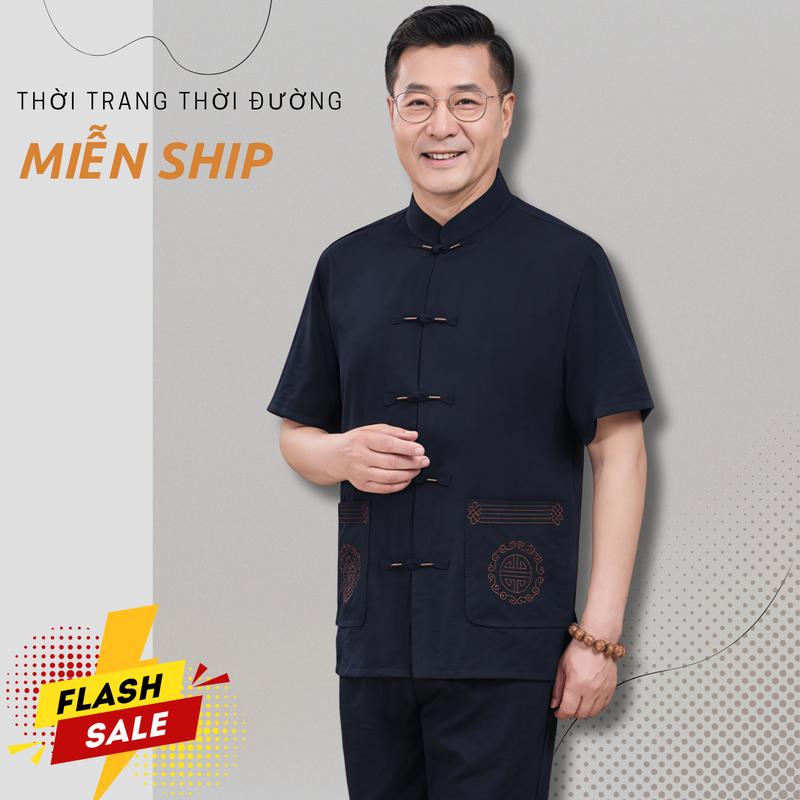 ( B4 ) Bộ đũi nam cộc tay trung niên - Bộ quần áo cổ tàu cho bố, cho ông chất đũi mộc, cộc tay thêu tỉ mỉ mặc ở nhà, đi chơi, đi lễ, đi chùa Nhung Kem cộc tay bomac di chua set đồ Jacket Menswear Dài Tay hè