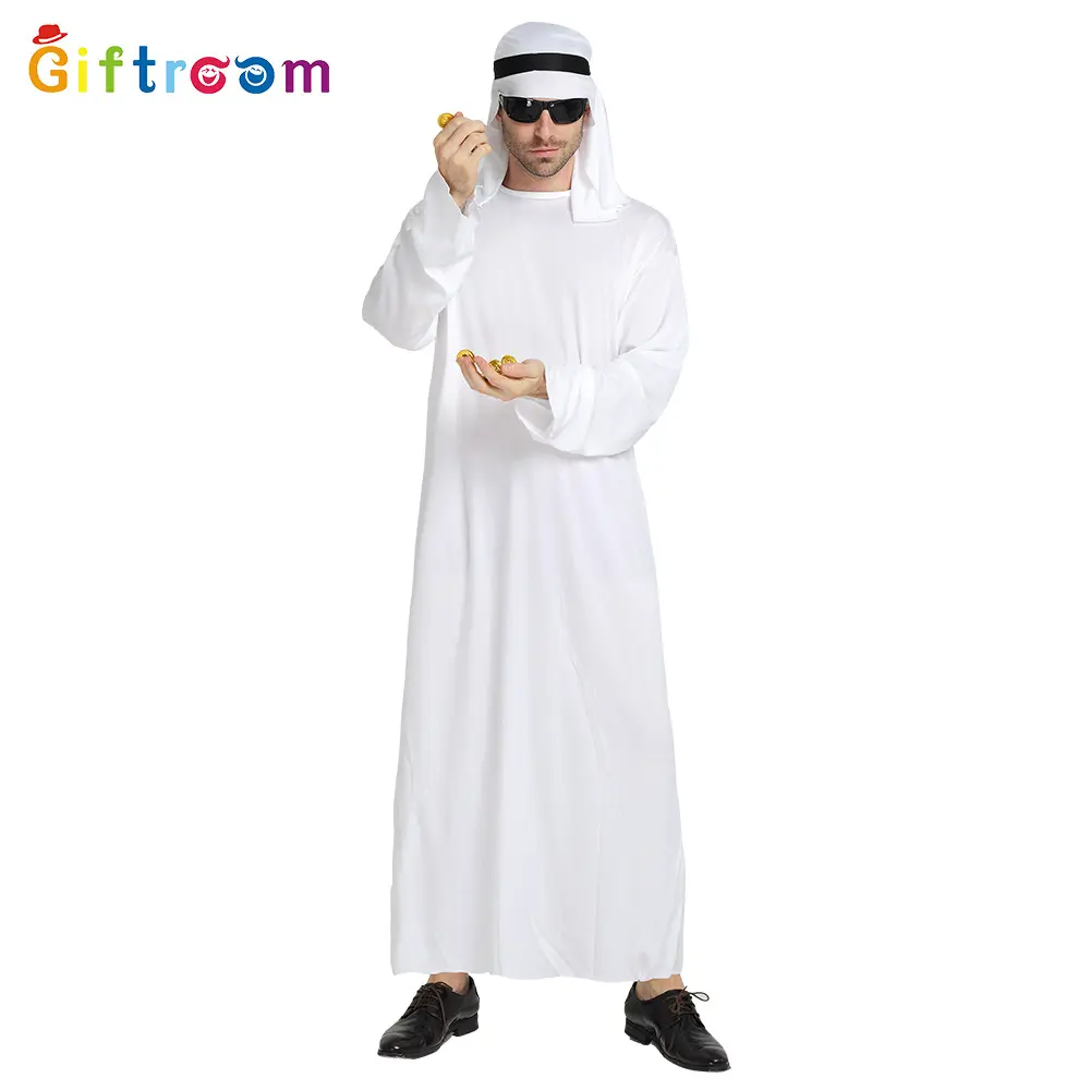 Halloween Carnival Cosplay Arab Chief Prince Fancy Dress Ball Men's Pure White Middle East Dubai Clothes